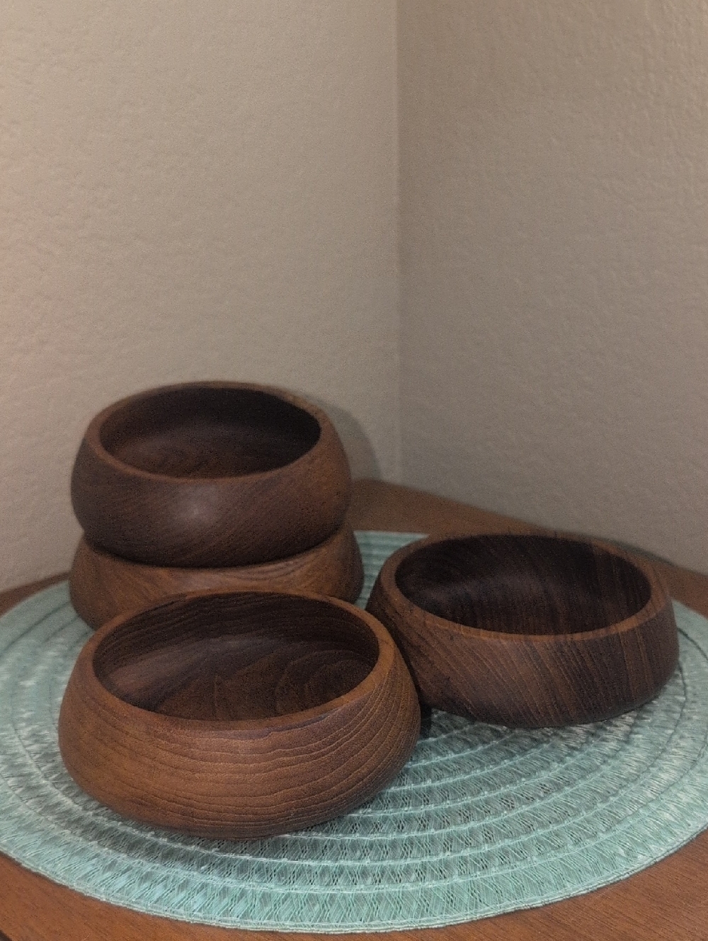 Set of Four Round Wooden Bowls - Rich Brown
